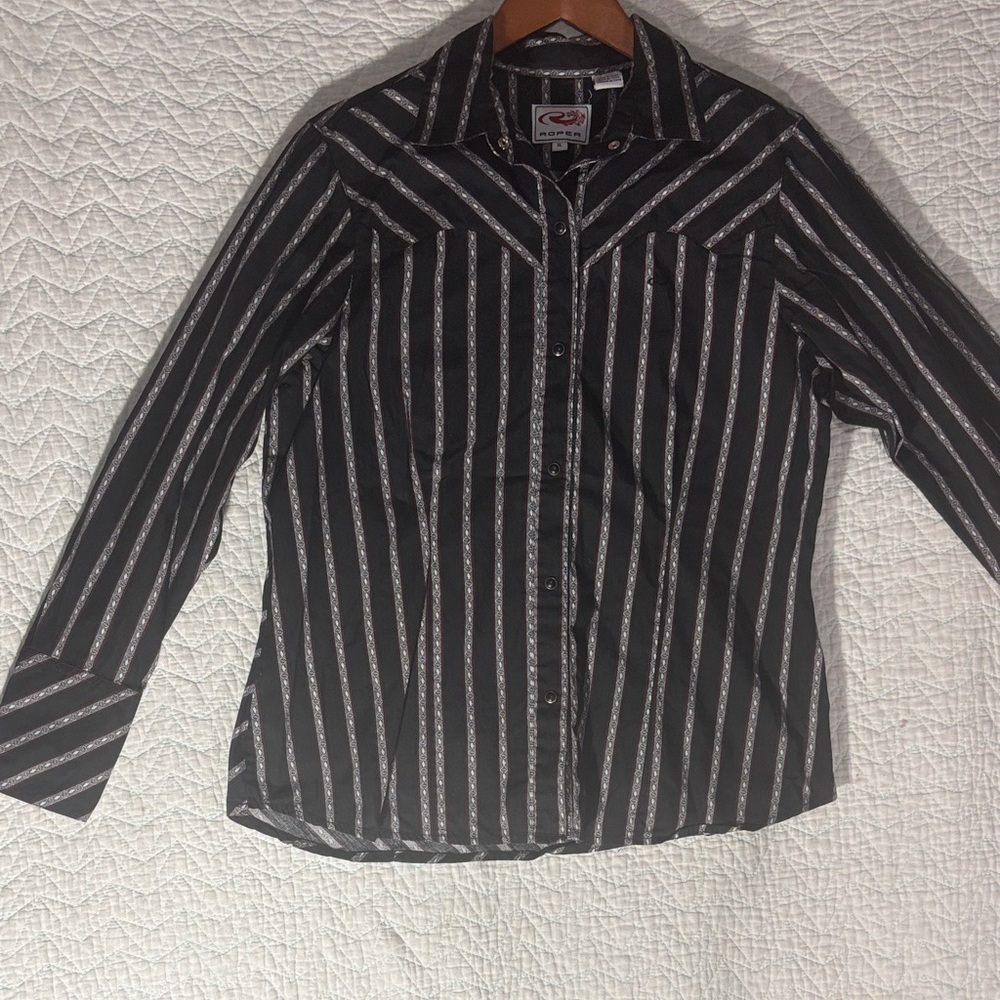 Roper Black and White Striped Casual Shirt 90s Western Cowgirl